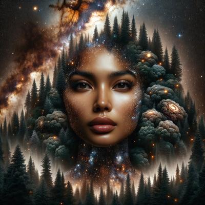 The primary subject of the image is a woman with a full head of hair. She is surrounded by a forest of trees, which serve as the setting and background of the scene. The visual style of the image is digital art, as it is a detailed and intricate portrait of the woman. The colors and mood of the image are warm and inviting, with the woman's hair and the trees creating a sense of natural beauty.